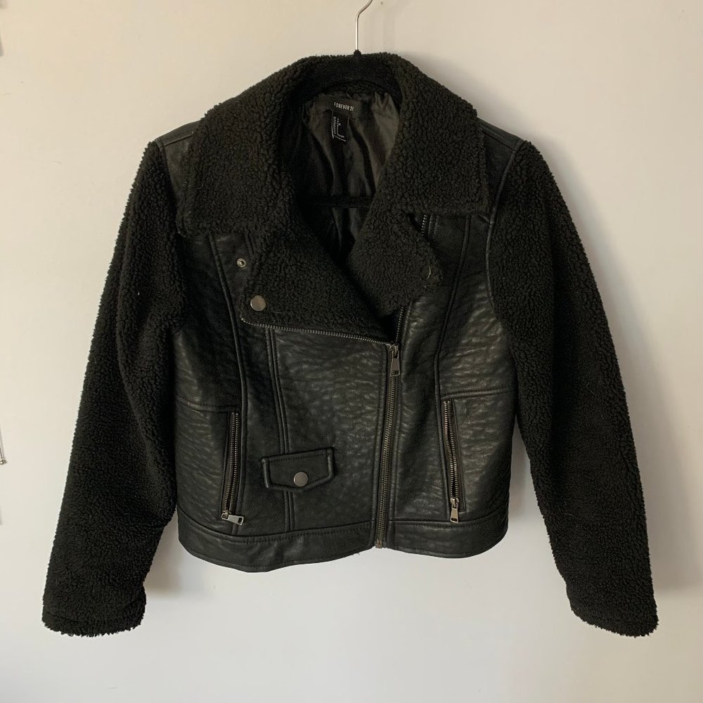 Faux leather moto jacket with fleece